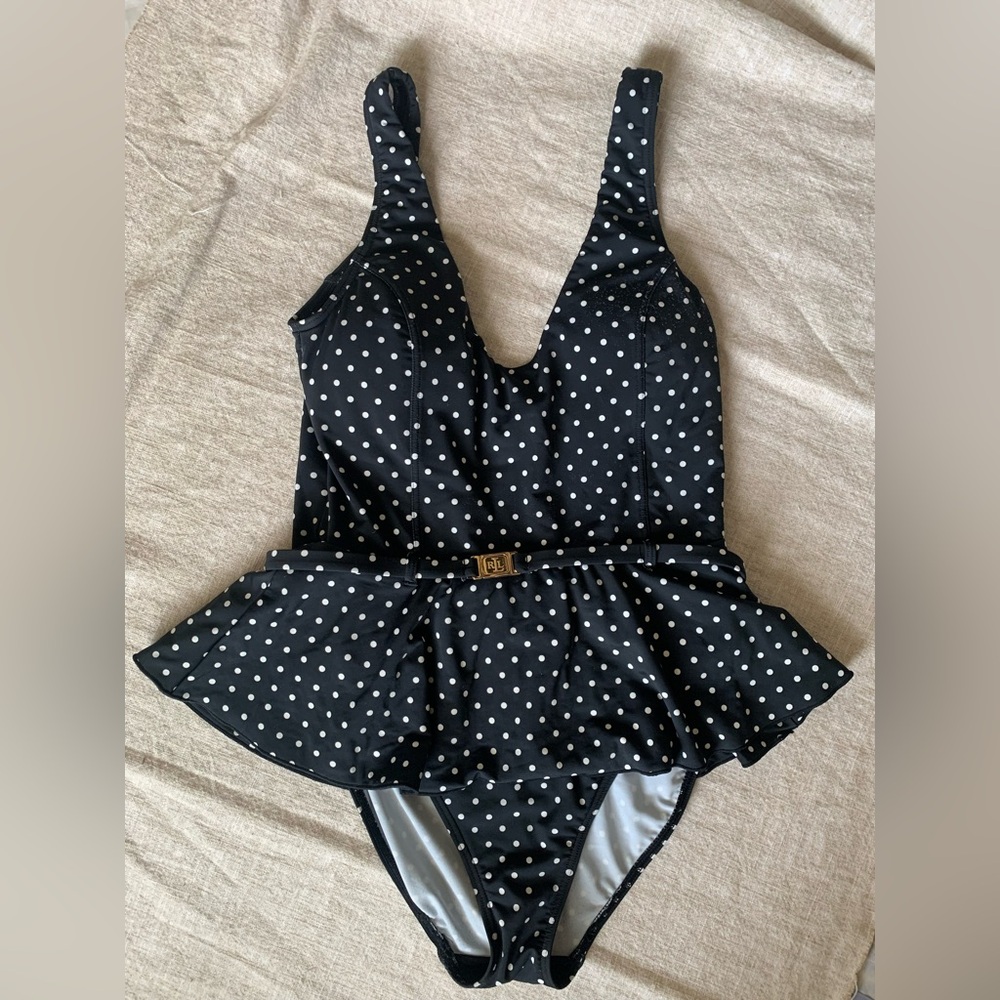 Ralph Lauren Black and White One Piece Swimsuit with Peplum